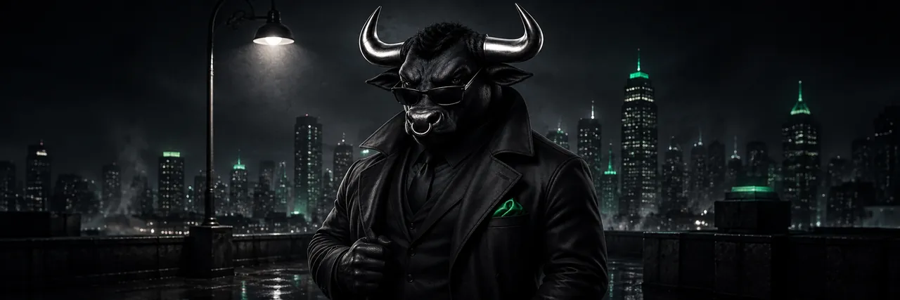 BULLDOZR, a black bull in a suit and hard-earned attitude, surveying the city at night